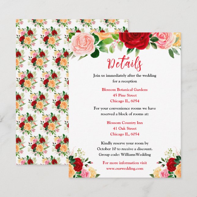 Romantic Red and Orange Roses Wedding Details Begleitkarte (Vorne/Hinten)