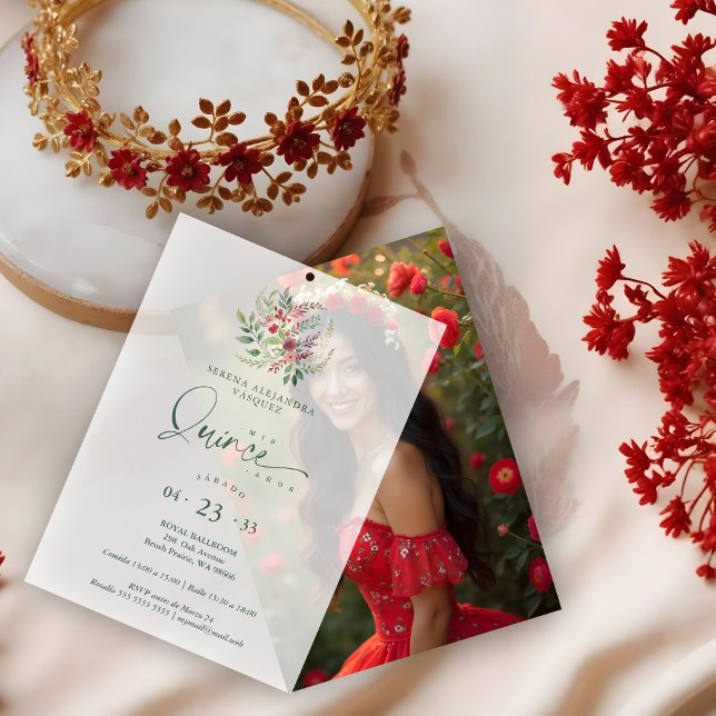 Romantic Red Floral Floral Boho Quinceañera (Romantic Red Floral Floral Boho Quinceañera Overlay Vellum Paper for Quinceañera Celebration Invites)