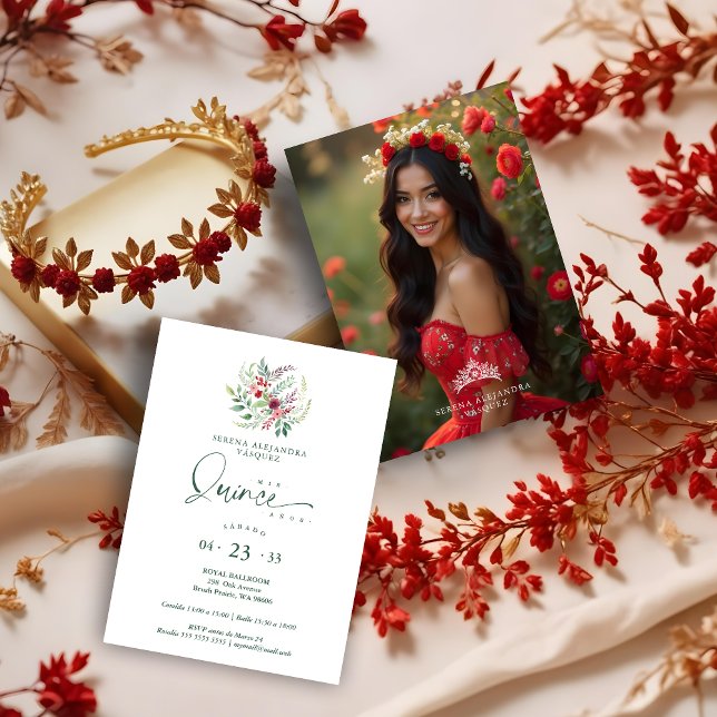Romantic Red Floral Floral Boho Quinceañera Einladung (Spanish Romantic Red Floral Floral Boho Quinceañera Invitations Cards with Back Photo & Tiara.)