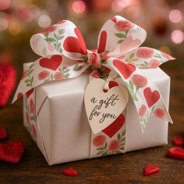 Romantic Red Hearts Pink Roses  Satinband (Romantic Valentine's Day presentation featuring a white gift adorned with a heart-shaped bow)