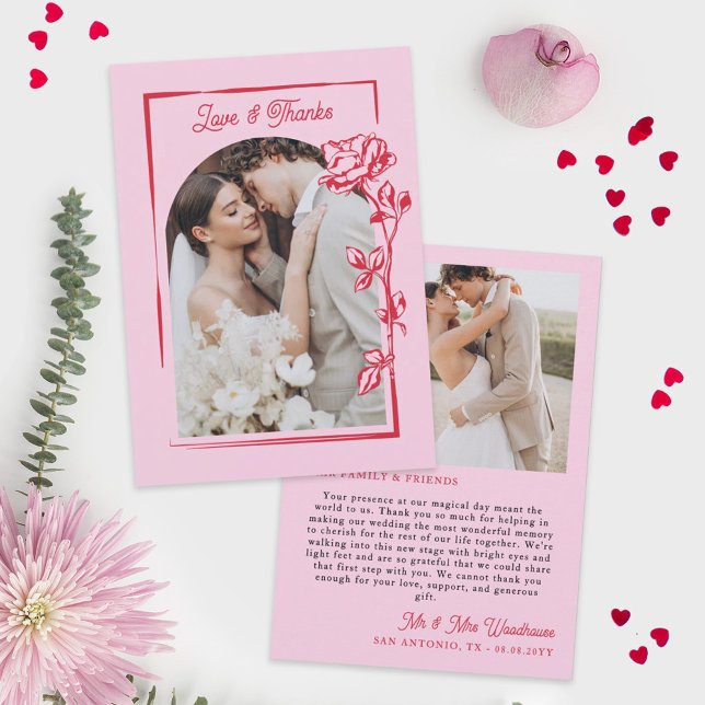 Romantic Red Pink Rose Illustration Love & Thanks Dankeskarte (Von Creator hochgeladen)