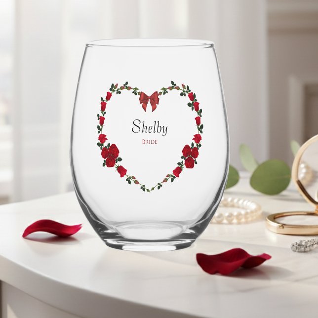 Romantic Red Rose Heart Bride To Be Drinkware Set Weinglas Ohne Stiel (Romantic red rose heart wine glass, the perfect personalized gift for the bride-to-be.)