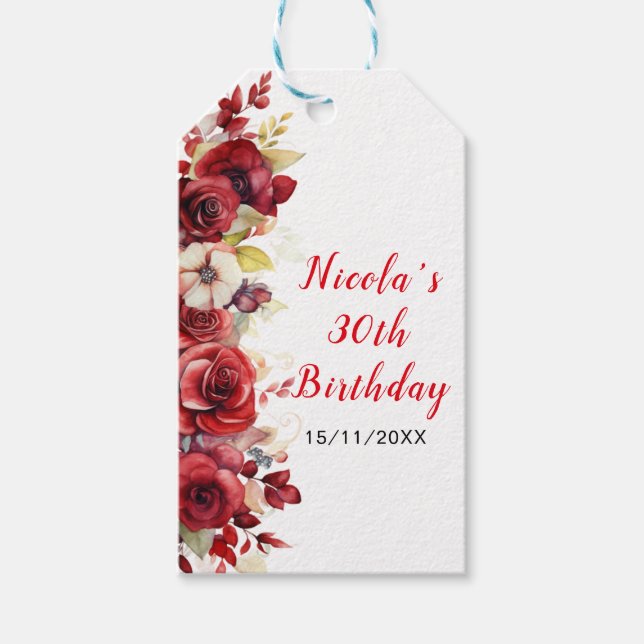 Romantic Red Roses Floral Birthday Party Geschenkanhänger (Vorderseite)