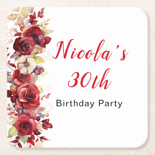 Romantic Red Roses Floral Birthday Party Rechteckiger Pappuntersetzer (Vorderseite)