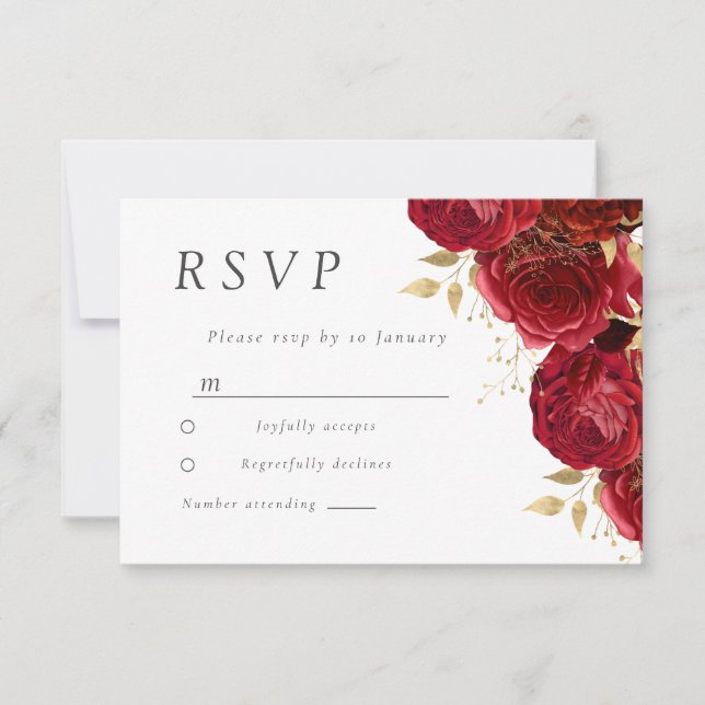 Romantic Red Roses Gold Leaf Wedding  RSVP Karte (Vorderseite)