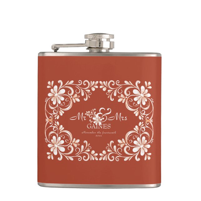 Romantic Red Rust Mr & Mrs Wedding Flask Flachmann (Vorderseite)