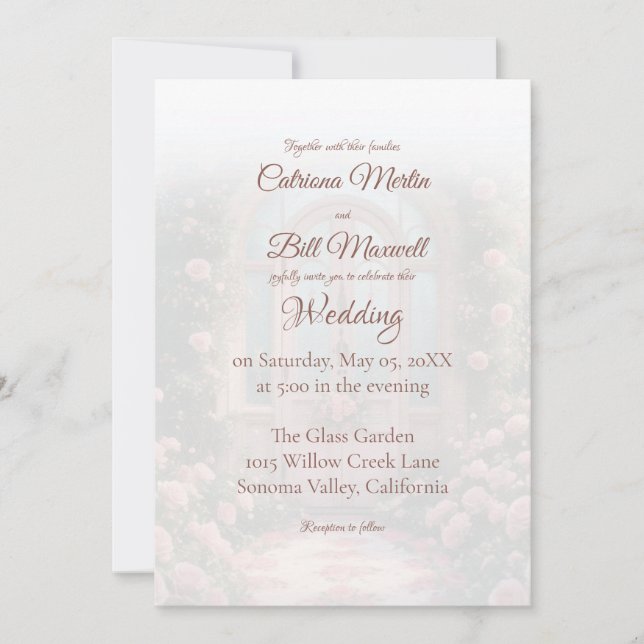 Romantic Rose Arch Pink Door Wedding Invitation Einladung (Vorderseite)