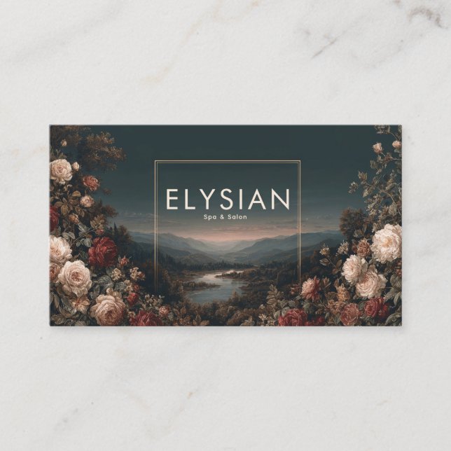 Romantic Rose Floral and Misty Mountain Landscape Visitenkarte (Vorderseite)