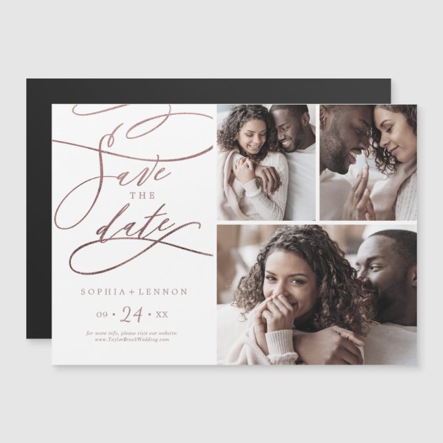 Romantic Rose Gold 3 Foto von Save the Date Magneteinladung (Vorne/Hinten)