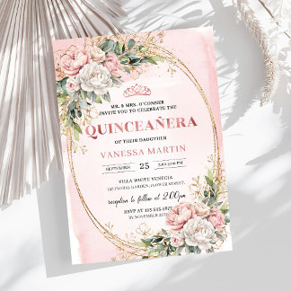 Romantic Rose Gold Floral Greenery Quinceañera Einladung