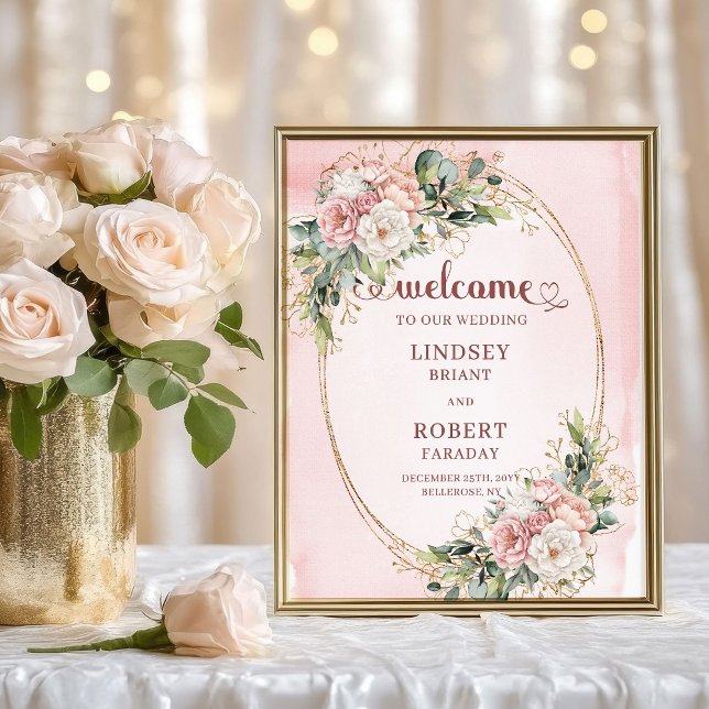 Romantic Rose Gold Flowers Greenery Wedding Welcom Poster (Romantic Rose Gold Flowers Greenery Wedding Welcome)