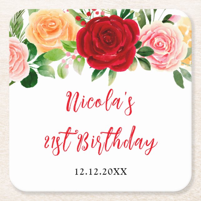 Romantic Roses Floral Birthday Rechteckiger Pappuntersetzer (Vorderseite)
