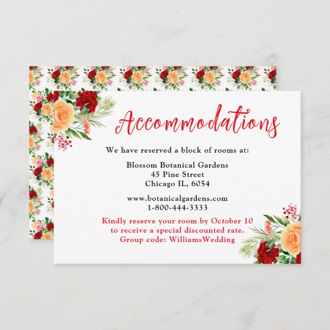 Romantic Roses Floral Wedding Accommodations Begleitkarte (Vorne/Hinten)