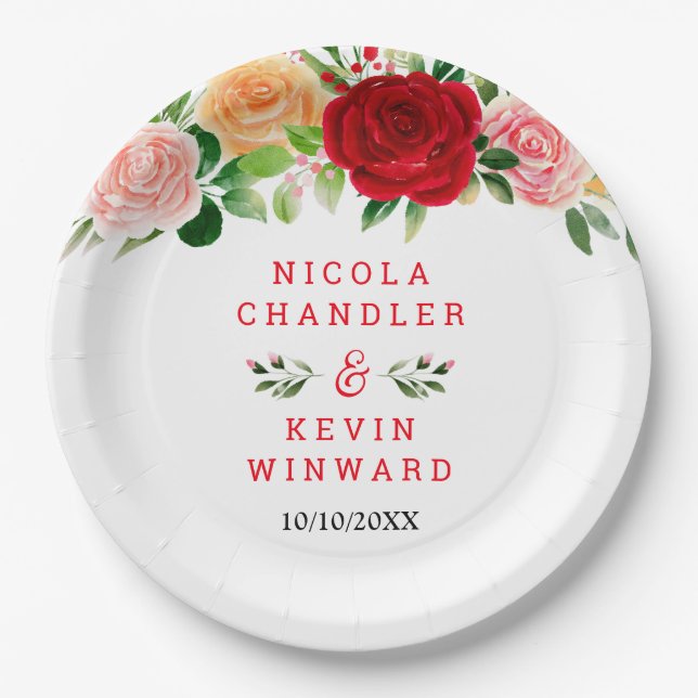 Romantic Roses Floral Wedding Pappteller (Vorderseite)