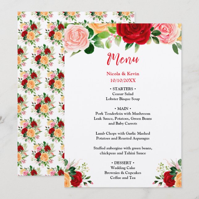Romantic Roses FloralRomantic Red and Oran Wedding Menükarte (Vorne/Hinten)