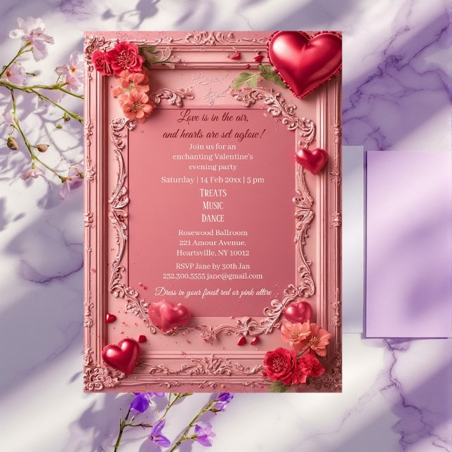 Romantic Roses Red Hearts Rustic Valentine Party  Einladung (Romantic Roses Red Hearts Rustic Valentine Party Invitation)