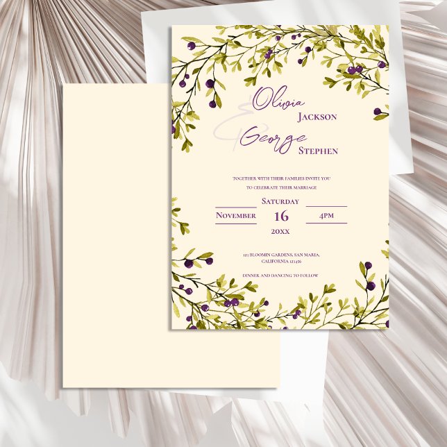 Romantic Rustic Purple Berry Leaves Wedding Einladung (Romantic Rustic Purple Berry Leaves Wedding Invitation)
