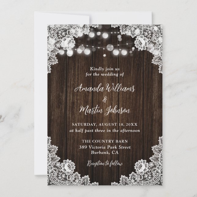 Romantic Rustic Wood Floral Lace Wedding Einladung (Vorderseite)