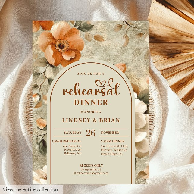 Romantic Rusty Beige Olive Floral Rehearsal Invite Einladung (Romantic Rusty Beige Olive Floral Rehearsal Invitation)