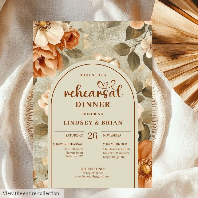 Romantic Rusty Beige Sage Floral Wedding Rehearsal Einladung (Romantic Rusty Beige Olive Floral Wedding Rehearsal Invitation)