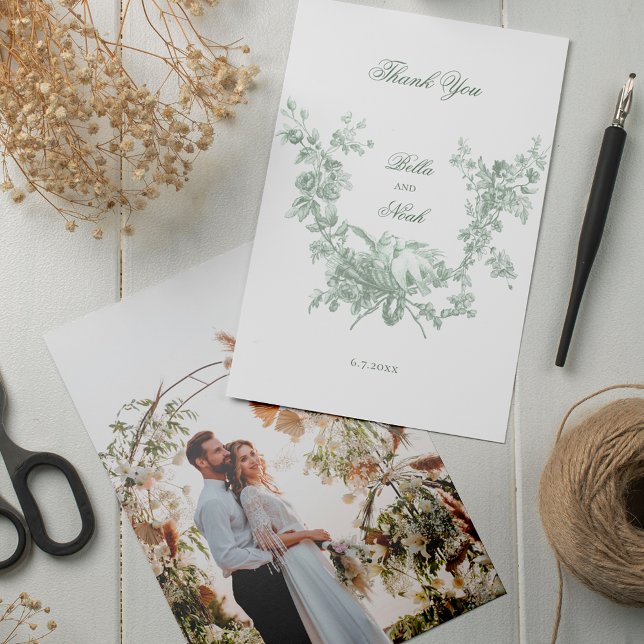 Romantic Sage Floral Wreath w/Lovebirds Wedding Dankeskarte (Von Creator hochgeladen)