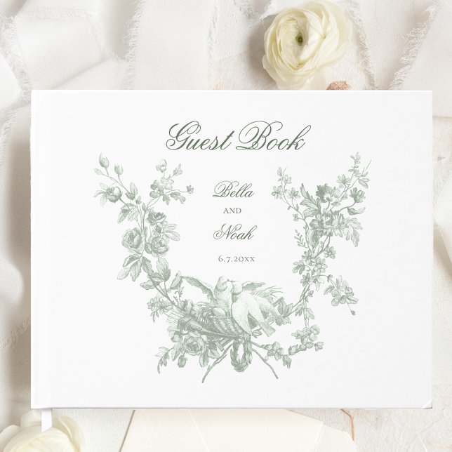 Romantic Sage Floral Wreath w/Lovebirds Wedding Gästebuch (Von Creator hochgeladen)