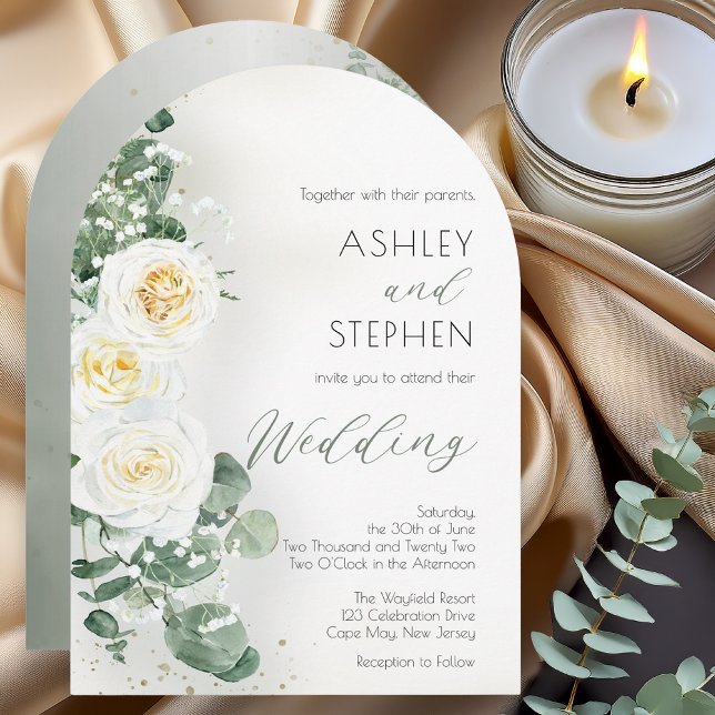 Romantic Sage Green Arch Wedding Invitation Einladung (age green botanical wedding invitation with white roses and eucalyptus leaves in a natural greenery )