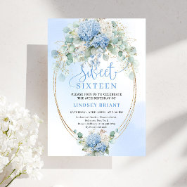 Romantic Script Blue Floral Eucalyptus Sweet 16 Einladung
