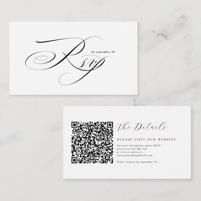 Romantic Script Calligraphy QR Code Wedding RSVP Begleitkarte (Vorne/Hinten)