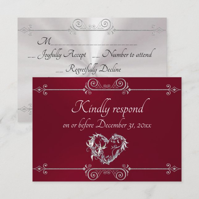 Romantic Silver Scroll Heart on Burgundy RSVP Karte (Vorne/Hinten)