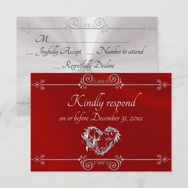 Romantic Silver Scroll Heart on Red RSVP Karte (Vorne/Hinten)
