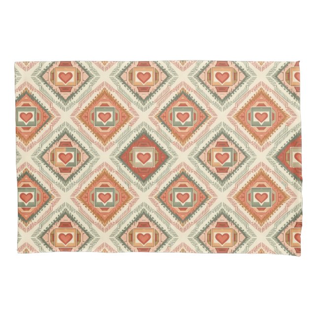 Romantic Southwestern Heart Pattern Peach & Sage Kissenbezug (Vorderseite)