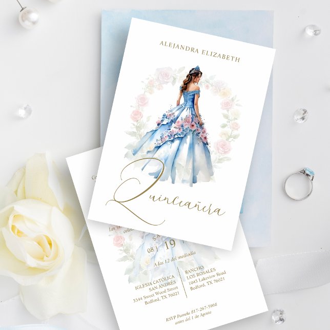 Romantic Spanish Quinceañera in Blue & Pink Shades Einladung (Celebrate the sweetness and elegance of fifteen with our Blue & Pink Toned Quinceañera Invitation! )