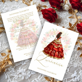 Romantic Spanish Quinceañera in Red & Golden  Einladung