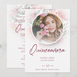 Romantic Spanish Quinceañera Photo Floral in Pink Einladung