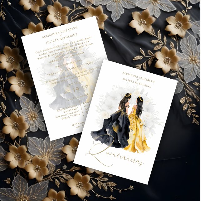 Romantic Spanish Quinceañera Twins in Black Yellow Einladung (Romantic Spanish Quinceañeras Twins in Black & Yellow Shades Invitation Card with Envelope.)