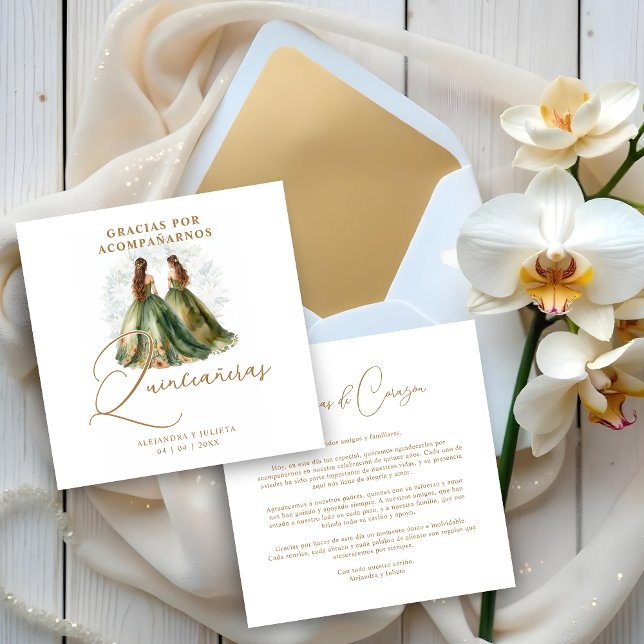 Romantic Spanish Quinceañeras Twins Dolls Green Dankeskarte (Romantic Spanish Quinceañeras Twins Dolls in Green and Brown Shades Thanks You Cards. )