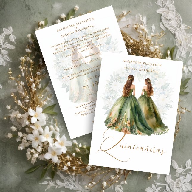 Romantic Spanish Quinceañeras Twins Green Shades Einladung (Romantic Spanish Quinceañeras Twins in Green and Brown Shades Invitation Card with Envelope. )