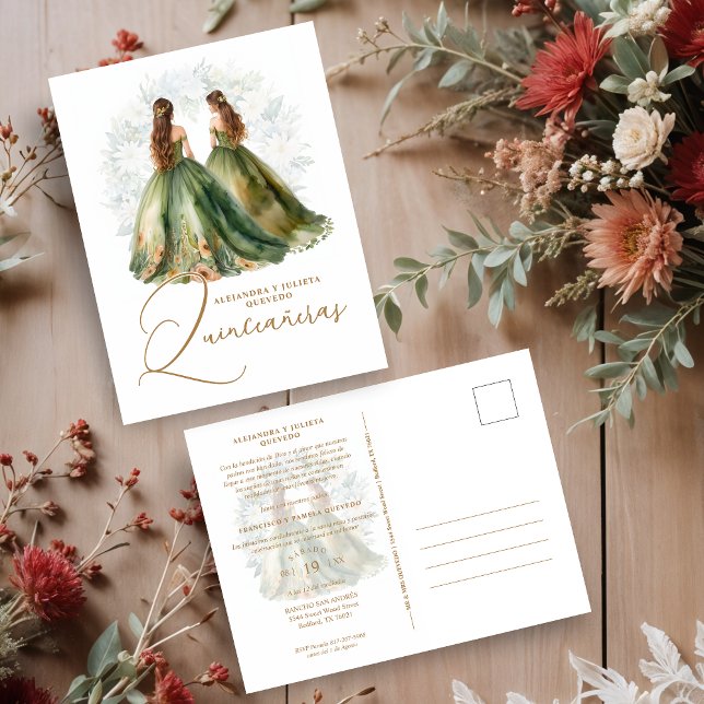 Romantic Spanish Quinceañeras Twins in Green Brown Postkarte (omantic Spanish Quinceañeras Twins in Green and Brown Shades Postcards Invitations Cards.)