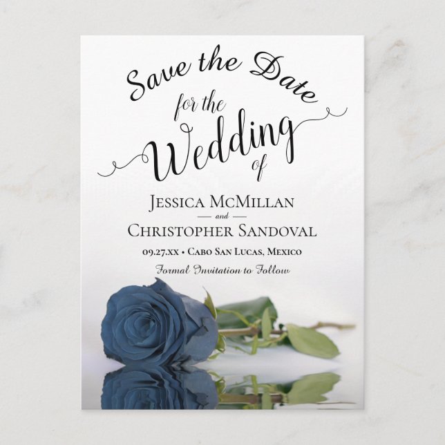 Romantic Steel Blue Rose Wedding Save the Date Ankündigungspostkarte (Vorderseite)