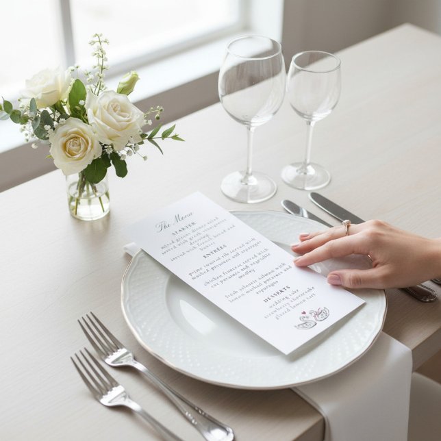 Romantic Swan Heart Calligraphy Menu Card Design Menükarte (Von Creator hochgeladen)