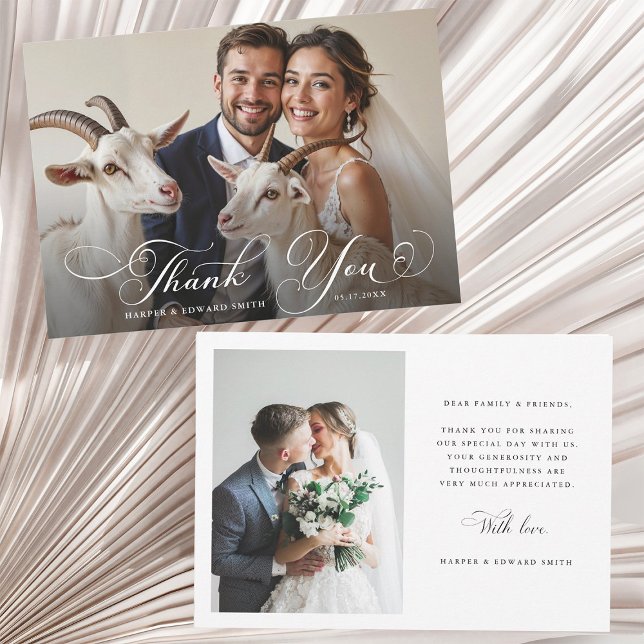Romantic Swirly Calligraphy Wedding 2 Photo Dankeskarte (Front & Back)