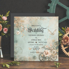 Romantic Teal Steampunk Gears Wedding Invitation Einladung