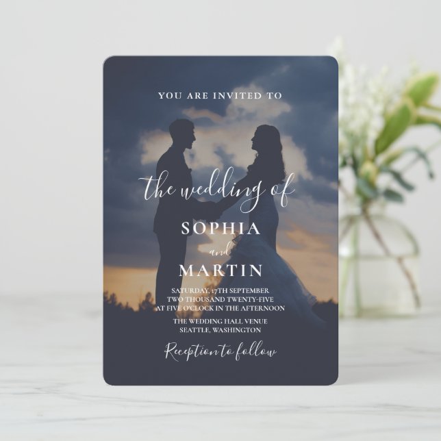 Romantic Twilight Silhouette Photo Script Wedding  Einladung (Stehend Vorderseite)
