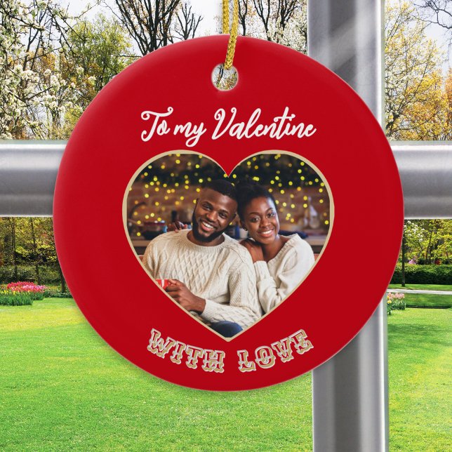 Romantic Valentine's Day Couple Photo Personalized Keramik Ornament (A Valentine's ornament with custom photo in a heart 'frame' and personalized message on the back)