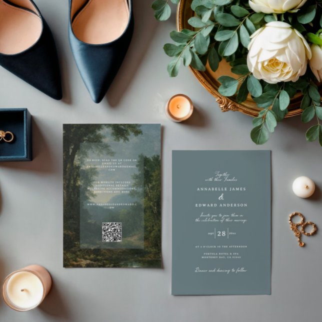 Romantic Vintage Botanical Dusty Blue tapestry Einladung (Von Creator hochgeladen)