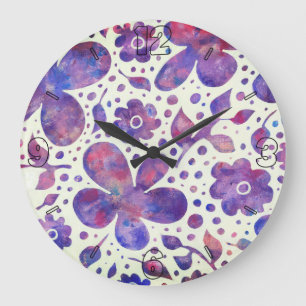 Romantic Violet Flowers and Leaves Original Art Große Wanduhr