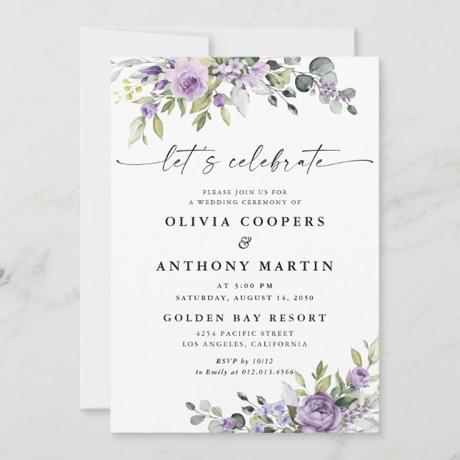 Romantic Violet Flowers Wedding Invitation Einladung (Vorderseite)