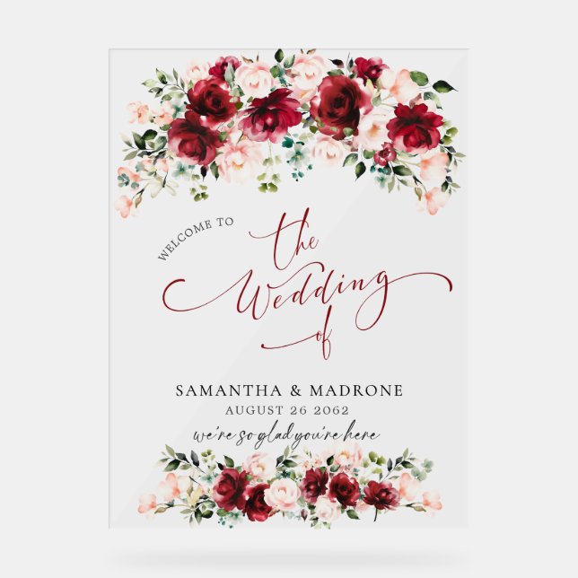 Romantic Watercolor Burgundy Blush Wedding Welcome (Recto)