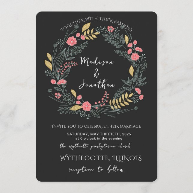 Romantic Watercolor Flower Wreath Wedding Einladung (Vorderseite)